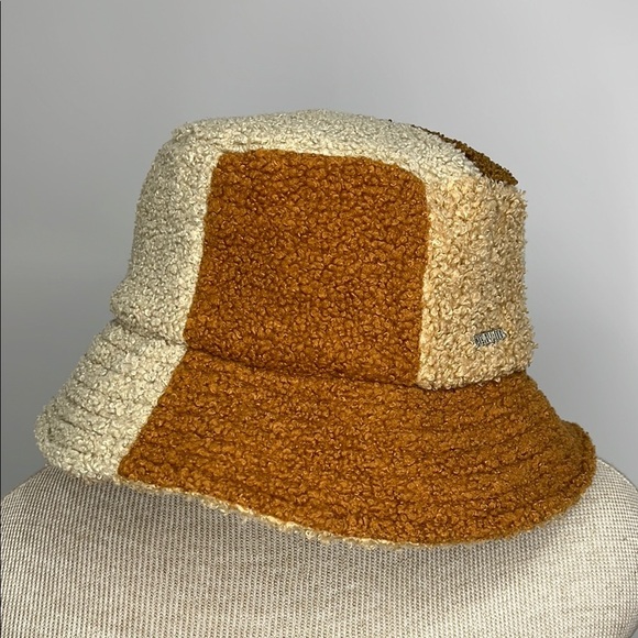 Steve Madden Patchwork Bucket Hat Sherpa Boucle Knit Neutral Tan Brown Cream - Picture 2 of 9
